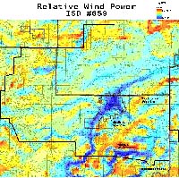 Figure 1: This is the higher resolution Relative Wind Power Map that resulted from the WaSP software analysis done by the State Energy Office. Relative Wind Power
